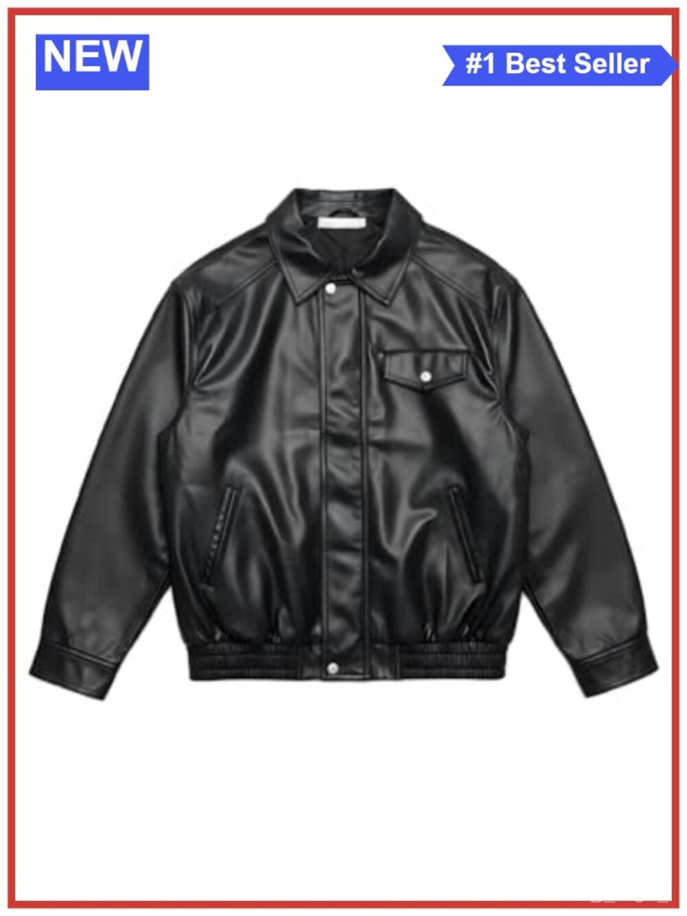 Oversized Faux Leather Bomber Jacket Collared Snap Button Ribbed Cuffs
